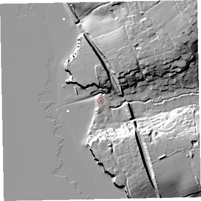 Shaded relief map of the ground around EX85EX, computed from Environment Agency LiDAR. The ground here sits at about 3 m above sea level and falls 31 m across the surrounding 800 m. Surface water reaching this point runs off ground lying to the south-south-west, 1.4 m higher.