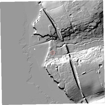 Shaded relief map of the ground around EX85EY, computed from Environment Agency LiDAR. The ground here sits at about 3 m above sea level and falls 29 m across the surrounding 800 m. Surface water reaching this point runs off ground lying to the north-east, 22.9 m higher.