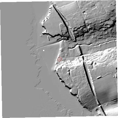 Shaded relief map of the ground around EX85EZ, computed from Environment Agency LiDAR. The ground here sits at about 3 m above sea level and falls 28 m across the surrounding 800 m. Surface water reaching this point runs off ground lying to the east-south-east, 18.1 m higher.