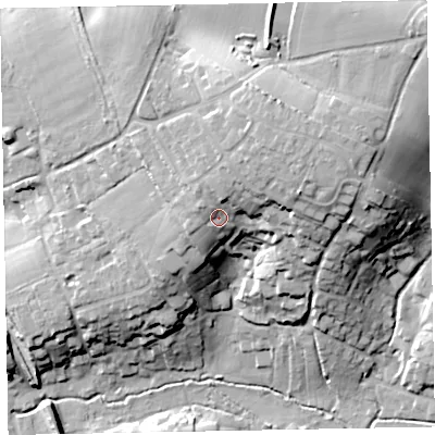 Shaded relief map of the ground around EX85GZ, computed from Environment Agency LiDAR. The ground here sits at about 28 m above sea level and falls 39 m across the surrounding 800 m. Surface water reaching this point runs off ground lying to the north, 6.2 m higher.