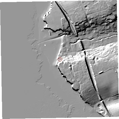 Shaded relief map of the ground around EX85HA, computed from Environment Agency LiDAR. The ground here sits at about 3 m above sea level and falls 26 m across the surrounding 800 m. Surface water reaching this point runs off ground lying to the south-east, 13.0 m higher.