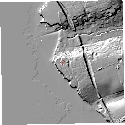 Shaded relief map of the ground around EX85HB, computed from Environment Agency LiDAR. The ground here sits at about 13 m above sea level and falls 23 m across the surrounding 800 m. Surface water reaching this point runs off ground lying to the east-south-east, 3.0 m higher.