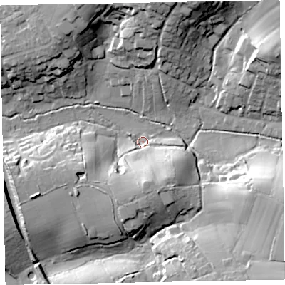 Shaded relief map of the ground around EX85HD, computed from Environment Agency LiDAR. The ground here sits at about 6 m above sea level and falls 35 m across the surrounding 800 m. Surface water reaching this point runs off ground lying to the south-south-east, 20.6 m higher.