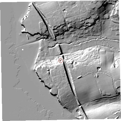 Shaded relief map of the ground around EX85HH, computed from Environment Agency LiDAR. The ground here sits at about 7 m above sea level and falls 27 m across the surrounding 800 m. Surface water reaching this point runs off ground lying to the south-east, 16.4 m higher.