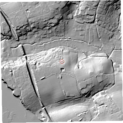 Shaded relief map of the ground around EX85HJ, computed from Environment Agency LiDAR. The ground here sits at about 16 m above sea level and falls 30 m across the surrounding 800 m. Surface water reaching this point runs off ground lying to the south, 6.7 m higher.