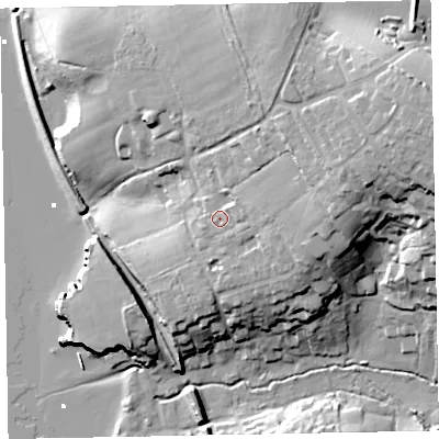 Shaded relief map of the ground around EX85HP, computed from Environment Agency LiDAR. The ground here sits at about 18 m above sea level and falls 38 m across the surrounding 800 m. Surface water reaching this point runs off ground lying to the east-north-east, 16.5 m higher.