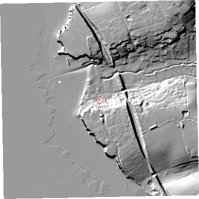 Shaded relief map of the ground around EX85HQ, computed from Environment Agency LiDAR. The ground here sits at about 3 m above sea level and falls 27 m across the surrounding 800 m. Surface water reaching this point runs off ground lying to the east-south-east, 17.1 m higher.
