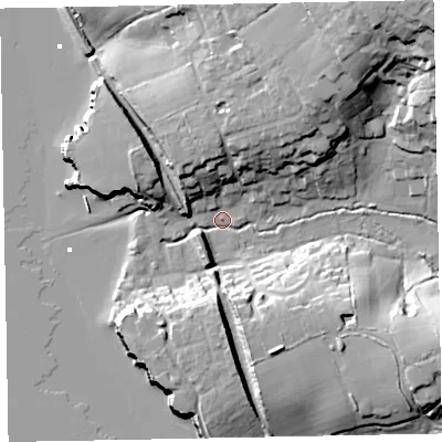 Shaded relief map of the ground around EX85JP, computed from Environment Agency LiDAR. The ground here sits at about 3 m above sea level and falls 36 m across the surrounding 800 m. Surface water reaching this point runs off ground lying to the north-east, 34.3 m higher.