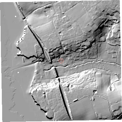 Shaded relief map of the ground around EX85JR, computed from Environment Agency LiDAR. The ground here sits at about 3 m above sea level and falls 37 m across the surrounding 800 m. Surface water reaching this point runs off ground lying to the north-east, 35.2 m higher.