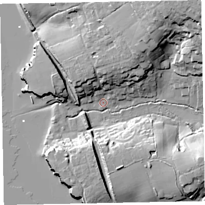Shaded relief map of the ground around EX85JS, computed from Environment Agency LiDAR. The ground here sits at about 3 m above sea level and falls 38 m across the surrounding 800 m. Surface water reaching this point runs off ground lying to the north-east, 35.8 m higher.