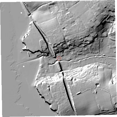 Shaded relief map of the ground around EX85JW, computed from Environment Agency LiDAR. The ground here sits at about 3 m above sea level and falls 36 m across the surrounding 800 m. Surface water reaching this point runs off ground lying to the north-east, 34.1 m higher.