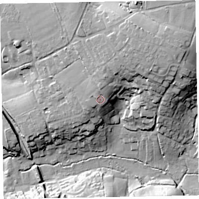 Shaded relief map of the ground around EX85JY, computed from Environment Agency LiDAR. The ground here sits at about 25 m above sea level and falls 39 m across the surrounding 800 m. Surface water reaching this point runs off ground lying to the north-north-east, 5.3 m higher.
