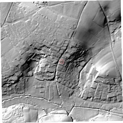 Shaded relief map of the ground around EX85JZ, computed from Environment Agency LiDAR. The ground here sits at about 26 m above sea level and falls 40 m across the surrounding 800 m. Surface water reaching this point runs off ground lying to the north, 13.0 m higher.