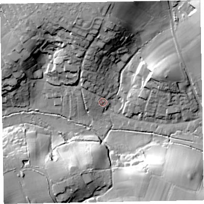 Shaded relief map of the ground around EX85LE, computed from Environment Agency LiDAR. The ground here sits at about 11 m above sea level and falls 36 m across the surrounding 800 m. Surface water reaching this point runs off ground lying to the north-north-west, 14.1 m higher.