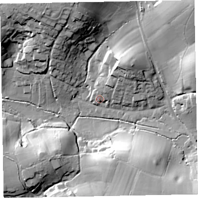 Shaded relief map of the ground around EX85LF, computed from Environment Agency LiDAR. The ground here sits at about 13 m above sea level and falls 40 m across the surrounding 800 m. Surface water reaching this point runs off ground lying to the north-east, 6.2 m higher.