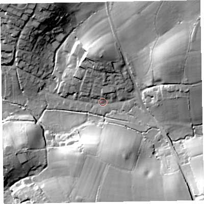Shaded relief map of the ground around EX85LN, computed from Environment Agency LiDAR. The ground here sits at about 12 m above sea level and falls 47 m across the surrounding 800 m. Surface water reaching this point runs off ground lying to the north, 18.0 m higher.