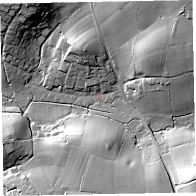 Shaded relief map of the ground around EX85LP, computed from Environment Agency LiDAR. The ground here sits at about 12 m above sea level and falls 48 m across the surrounding 800 m. Surface water reaching this point runs off ground lying to the south-east, 41.1 m higher.