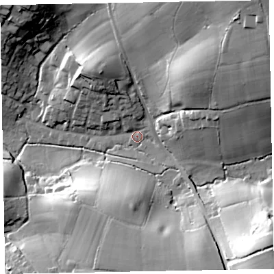 Shaded relief map of the ground around EX85LR, computed from Environment Agency LiDAR. The ground here sits at about 14 m above sea level and falls 50 m across the surrounding 800 m. Surface water reaching this point runs off ground lying to the south-east, 40.9 m higher.