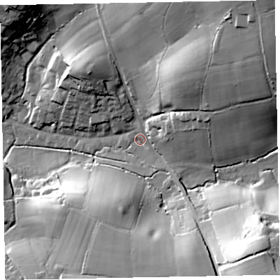 Shaded relief map of the ground around EX85LS, computed from Environment Agency LiDAR. The ground here sits at about 14 m above sea level and falls 50 m across the surrounding 800 m. Surface water reaching this point runs off ground lying to the south-east, 42.3 m higher.
