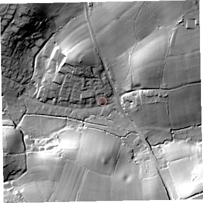 Shaded relief map of the ground around EX85LW, computed from Environment Agency LiDAR. The ground here sits at about 15 m above sea level and falls 49 m across the surrounding 800 m. Surface water reaching this point runs off ground lying to the north-north-west, 16.1 m higher.