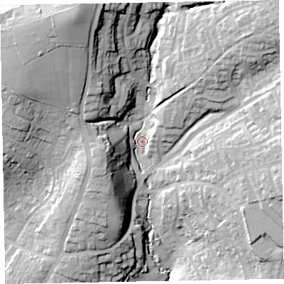 Shaded relief map of the ground around EX85PX, computed from Environment Agency LiDAR. The ground here sits at about 43 m above sea level and falls 50 m across the surrounding 800 m. Surface water reaching this point runs off ground lying to the north-north-west, 41.1 m higher.