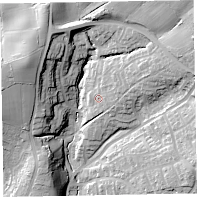 Shaded relief map of the ground around EX85SE, computed from Environment Agency LiDAR. The ground here sits at about 60 m above sea level and falls 52 m across the surrounding 800 m. Surface water reaching this point runs off ground lying to the east-north-east, 12.2 m higher.