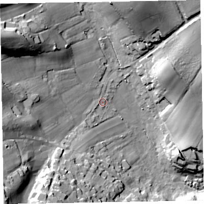 Shaded relief map of the ground around EX96AL, computed from Environment Agency LiDAR. The ground here sits at about 36 m above sea level and falls 54 m across the surrounding 800 m. Surface water reaching this point runs off ground lying to the south-west, 42.3 m higher.