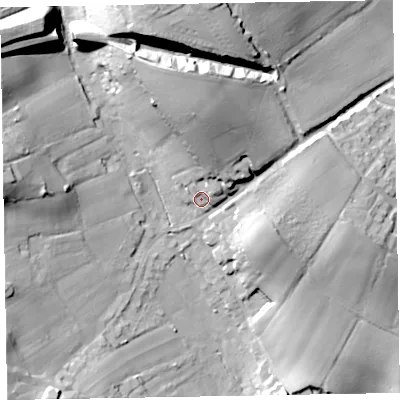 Shaded relief map of the ground around EX96AP, computed from Environment Agency LiDAR. The ground here sits at about 39 m above sea level and falls 42 m across the surrounding 800 m. Surface water reaching this point runs off ground lying to the north, 26.8 m higher.