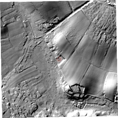 Shaded relief map of the ground around EX96AR, computed from Environment Agency LiDAR. The ground here sits at about 33 m above sea level and falls 44 m across the surrounding 800 m. Surface water reaching this point runs off ground lying to the north-north-east, 14.7 m higher.