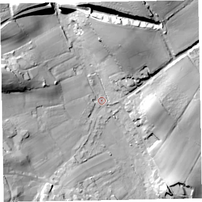 Shaded relief map of the ground around EX96AW, computed from Environment Agency LiDAR. The ground here sits at about 36 m above sea level and falls 41 m across the surrounding 800 m. Surface water reaching this point runs off ground lying to the west-north-west, 19.0 m higher.