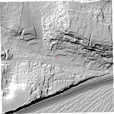 Shaded relief map of the ground around EX96AY, computed from Environment Agency LiDAR. The ground here sits at about 12 m above sea level and falls 62 m across the surrounding 800 m. Surface water reaching this point runs off ground lying to the south-west, 46.2 m higher.