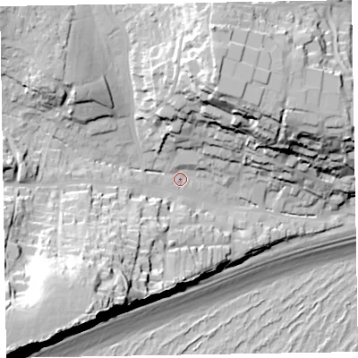 Shaded relief map of the ground around EX96BB, computed from Environment Agency LiDAR. The ground here sits at about 12 m above sea level and falls 62 m across the surrounding 800 m. Surface water reaching this point runs off ground lying to the south-west, 46.2 m higher.