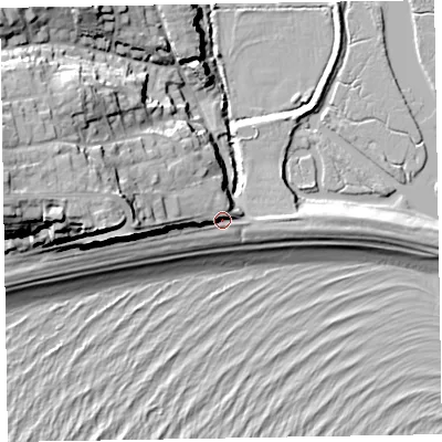 Shaded relief map of the ground around EX96BG, computed from Environment Agency LiDAR. The ground here sits at about 7 m above sea level and falls 31 m across the surrounding 800 m. Surface water reaching this point runs off ground lying to the west, 8.2 m higher.
