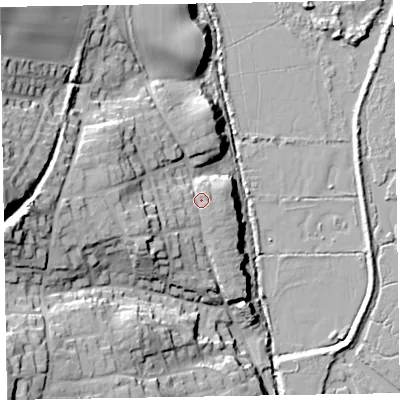 Shaded relief map of the ground around EX96ER, computed from Environment Agency LiDAR. The ground here sits at about 13 m above sea level and falls 40 m across the surrounding 800 m. Surface water reaching this point runs off ground lying to the south-west, 6.2 m higher.