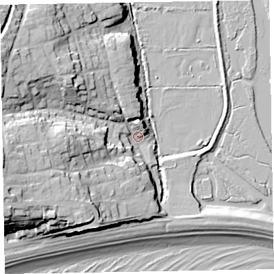 Shaded relief map of the ground around EX96JD, computed from Environment Agency LiDAR. The ground here sits at about 4 m above sea level and falls 34 m across the surrounding 800 m. Surface water reaching this point runs off ground lying to the west-south-west, 28.3 m higher.