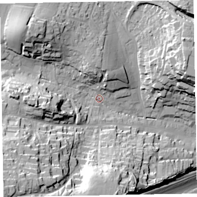Shaded relief map of the ground around EX96JL, computed from Environment Agency LiDAR. The ground here sits at about 17 m above sea level and falls 71 m across the surrounding 800 m. Surface water reaching this point runs off ground lying to the north-west, 27.3 m higher.
