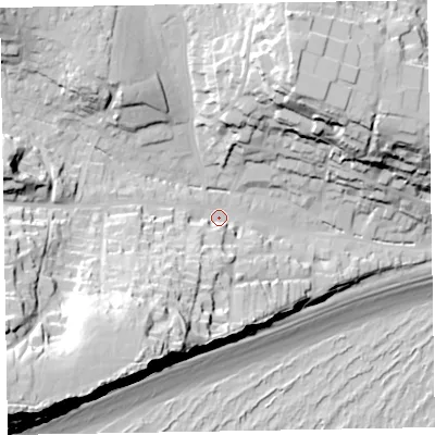 Shaded relief map of the ground around EX96LE, computed from Environment Agency LiDAR. The ground here sits at about 14 m above sea level and falls 63 m across the surrounding 800 m. Surface water reaching this point runs off ground lying to the south-west, 40.6 m higher.