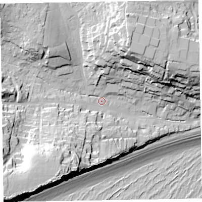 Shaded relief map of the ground around EX96LR, computed from Environment Agency LiDAR. The ground here sits at about 13 m above sea level and falls 62 m across the surrounding 800 m. Surface water reaching this point runs off ground lying to the south-west, 47.0 m higher.