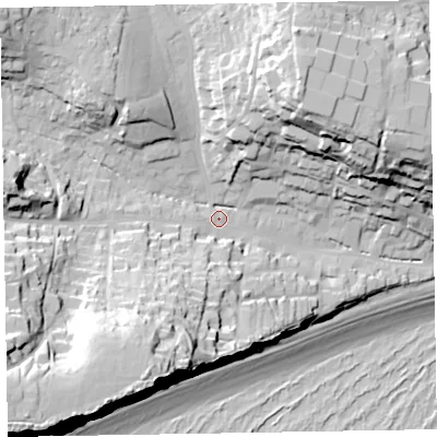 Shaded relief map of the ground around EX96LW, computed from Environment Agency LiDAR. The ground here sits at about 14 m above sea level and falls 63 m across the surrounding 800 m. Surface water reaching this point runs off ground lying to the south-west, 47.6 m higher.