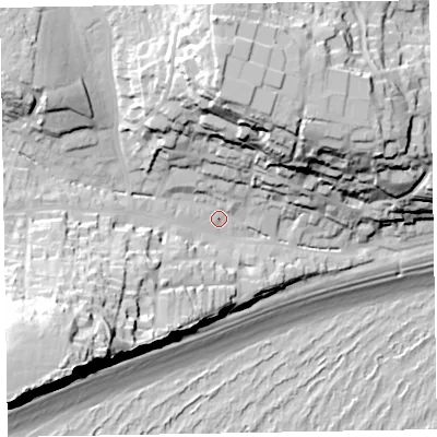 Shaded relief map of the ground around EX96LZ, computed from Environment Agency LiDAR. The ground here sits at about 11 m above sea level and falls 59 m across the surrounding 800 m. Surface water reaching this point runs off ground lying to the south-west, 44.7 m higher.