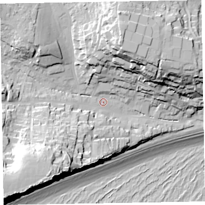 Shaded relief map of the ground around EX96NA, computed from Environment Agency LiDAR. The ground here sits at about 12 m above sea level and falls 62 m across the surrounding 800 m. Surface water reaching this point runs off ground lying to the south-west, 45.9 m higher.