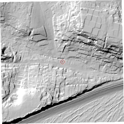 Shaded relief map of the ground around EX96NB, computed from Environment Agency LiDAR. The ground here sits at about 13 m above sea level and falls 63 m across the surrounding 800 m. Surface water reaching this point runs off ground lying to the south-west, 47.4 m higher.