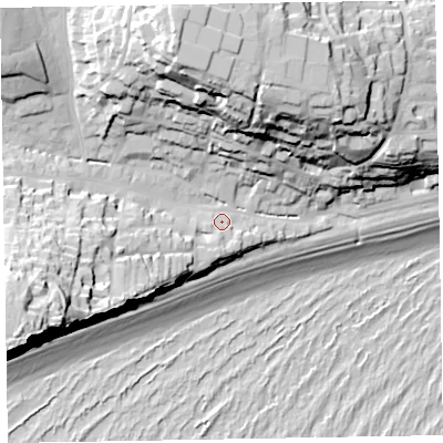 Shaded relief map of the ground around EX96NG, computed from Environment Agency LiDAR. The ground here sits at about 10 m above sea level and falls 58 m across the surrounding 800 m. Surface water reaching this point runs off ground lying to the south, 4.1 m higher.