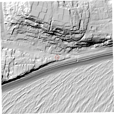 Shaded relief map of the ground around EX96NH, computed from Environment Agency LiDAR. The ground here sits at about 8 m above sea level and falls 50 m across the surrounding 800 m. Surface water reaching this point runs off ground lying to the north-north-west, 40.9 m higher.