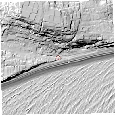 Shaded relief map of the ground around EX96NJ, computed from Environment Agency LiDAR. The ground here sits at about 6 m above sea level and falls 50 m across the surrounding 800 m. Surface water reaching this point runs off ground lying to the north-west, 40.9 m higher.
