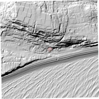 Shaded relief map of the ground around EX96NP, computed from Environment Agency LiDAR. The ground here sits at about 9 m above sea level and falls 50 m across the surrounding 800 m. Surface water reaching this point runs off ground lying to the north-north-west, 36.3 m higher.