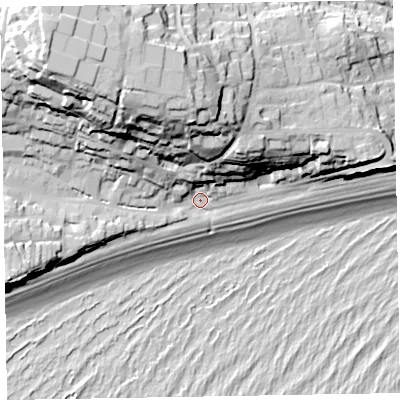 Shaded relief map of the ground around EX96NR, computed from Environment Agency LiDAR. The ground here sits at about 6 m above sea level and falls 50 m across the surrounding 800 m. Surface water reaching this point runs off ground lying to the north-west, 41.8 m higher.