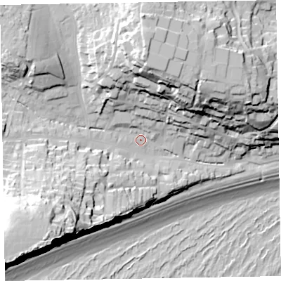 Shaded relief map of the ground around EX96PH, computed from Environment Agency LiDAR. The ground here sits at about 11 m above sea level and falls 59 m across the surrounding 800 m. Surface water reaching this point runs off ground lying to the south-west, 44.4 m higher.
