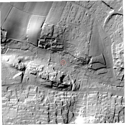 Shaded relief map of the ground around EX96QS, computed from Environment Agency LiDAR. The ground here sits at about 20 m above sea level and falls 57 m across the surrounding 800 m. Surface water reaching this point runs off ground lying to the west-south-west, 28.1 m higher.
