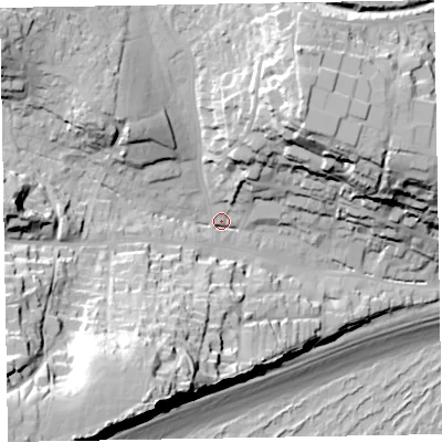 Shaded relief map of the ground around EX96RH, computed from Environment Agency LiDAR. The ground here sits at about 14 m above sea level and falls 62 m across the surrounding 800 m. Surface water reaching this point runs off ground lying to the south-west, 47.5 m higher.